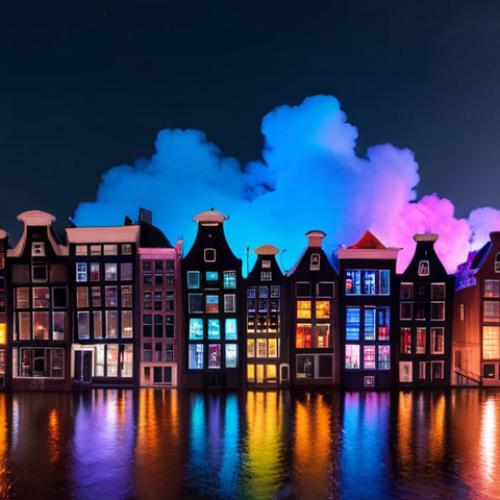 Home 14 **
Prompt: A vibrant light installation in Amsterdam depicting air quality levels across different neighborhoods. Use a color gradient representing pollution levels. Modern, urban setting at night.
**