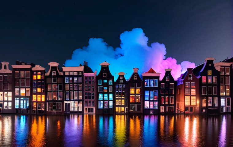 **

Prompt: A vibrant light installation in Amsterdam depicting air quality levels across different neighborhoods. Use a color gradient representing pollution levels. Modern, urban setting at night.

**