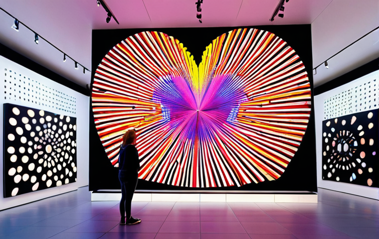 **Interactive Data Visualization Installation:** A museum interior showcasing a large, dynamic data art installation. The artwork responds to the movement and heartbeats of visitors, creating a personalized and evolving experience. Use vibrant colors and futuristic aesthetics. Amsterdam Stedelijk Museum style.